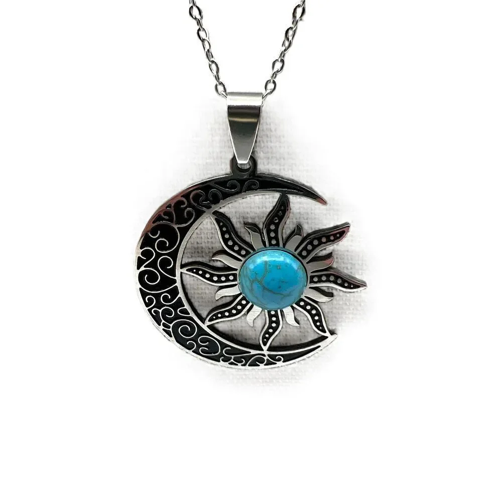 NEW Faux Turquoise Silver Chain Sun And Moon Pendant Necklace - Picture 3 of 9